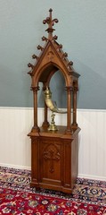 Antique French Gothic Revival Statuary Niche Cabinet Pedestal Altar Oak Late 19C