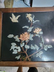 Vintage Chinoiserie Chinese Black Lacquer Hard Stone Finish Art Console Cabinet