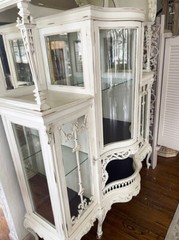 English Antique White Wood Curve Glass Curio Cupboard Ornate Display Cabinet