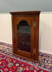 Antique English Corner Cabinet Carved Oak Hanging Wall Cabinet Storage c.1920s