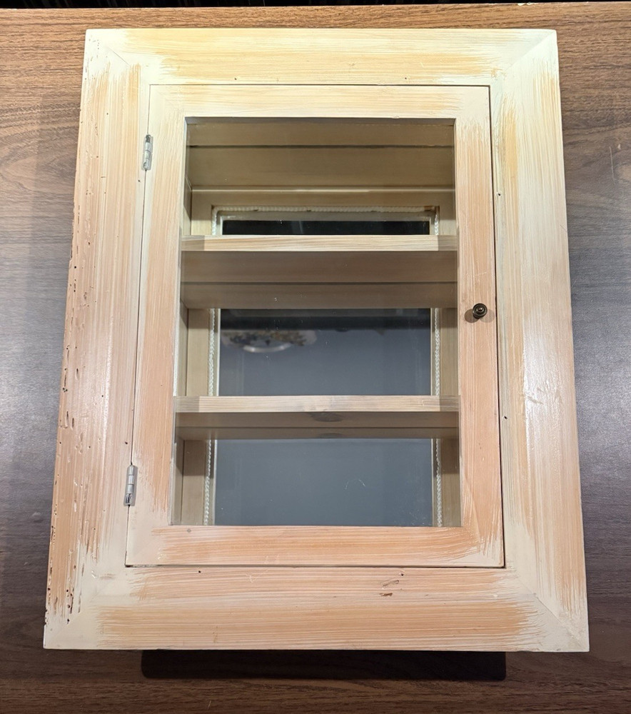 VTG wooden wall-hanging curio cabinet/display case w/framed glass door