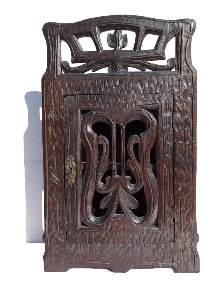 RARE ANTIQUE CARVED WOODEN WALL CABINET BLACK FOREST GERMANY ORIGINAL KEY CABINE