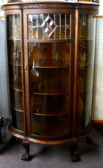 Victorian Carved Wood & Glass Curio Cabinet Leaded Glass Convex Ball & Claw Feet