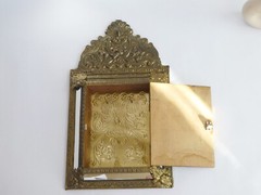 Dutch Copper Mirror Ornate Cabinet, Vintage Hanging Key Cabinet, Carved Storage
