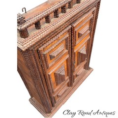 Antique large Hanging tramp art cabinet victorian 2 door chip carved 1890