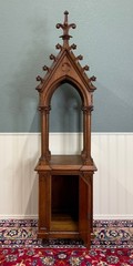 Antique French Gothic Revival Statuary Niche Cabinet Pedestal Altar Oak Late 19C