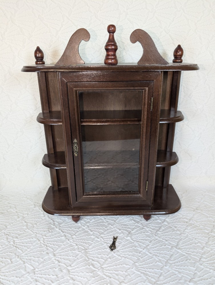 Vintage Wooden Wall Curio Cabinet Display Shelf Brown MDF 17”H Broken Handle