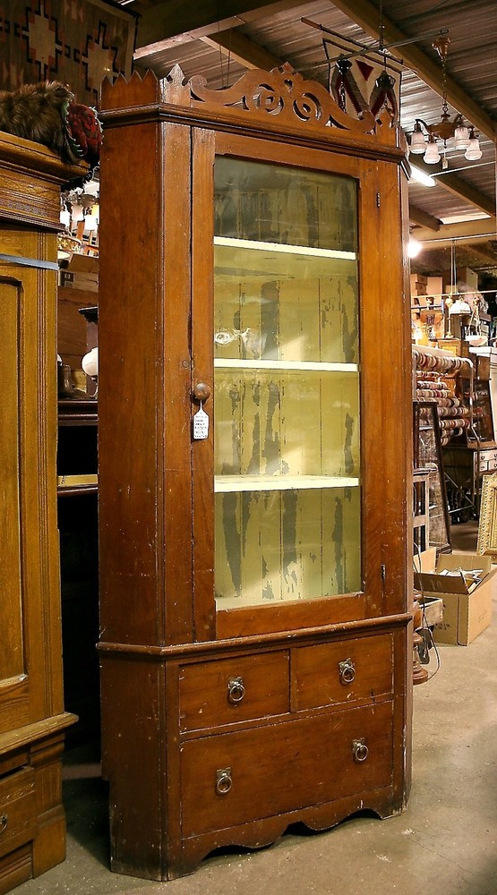 Primitive Pine Square Nailed Corner China Cabinet Cupboard 1Door 3Drw Crown OLD