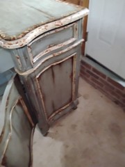 Antique Distressed Blue Wood Base Cabinet Raised Panel Doors Drawers Carvings