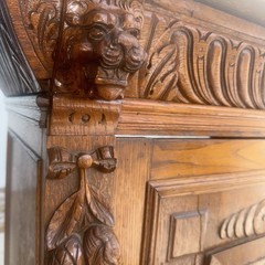 Antique French Oak Floor Cabinet with Drawer. Carved Lions Heads and Fruit
