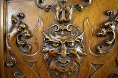 Architectural Antique Hand Carved Wood Cupboard Chimera Head Mascaron 19th