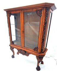 Antique Oak Display China Cabinet Display Hutch with Claw Feet & Ornate Carving