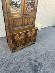 67410 Mid-Century Oak Cabinet with Desk and Leaded Glass Doors