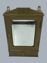 Antique Medicine Apothecary Cabinet Wall Hanging Wood Beveled Glass Khaki Green