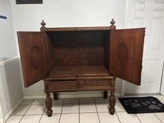 Antique Brown Carved Wood Cabinet, 2 Raised Panel Doors & 2 Drawers 40x24x58