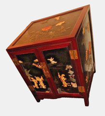 Vintage Chinoiserie Chinese Black Lacquer Hard Stone Finish Art Console Cabinet