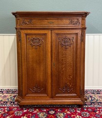 Antique French Double Door Cabinet Cupboard Carved Honey Oak Drawer early 20th