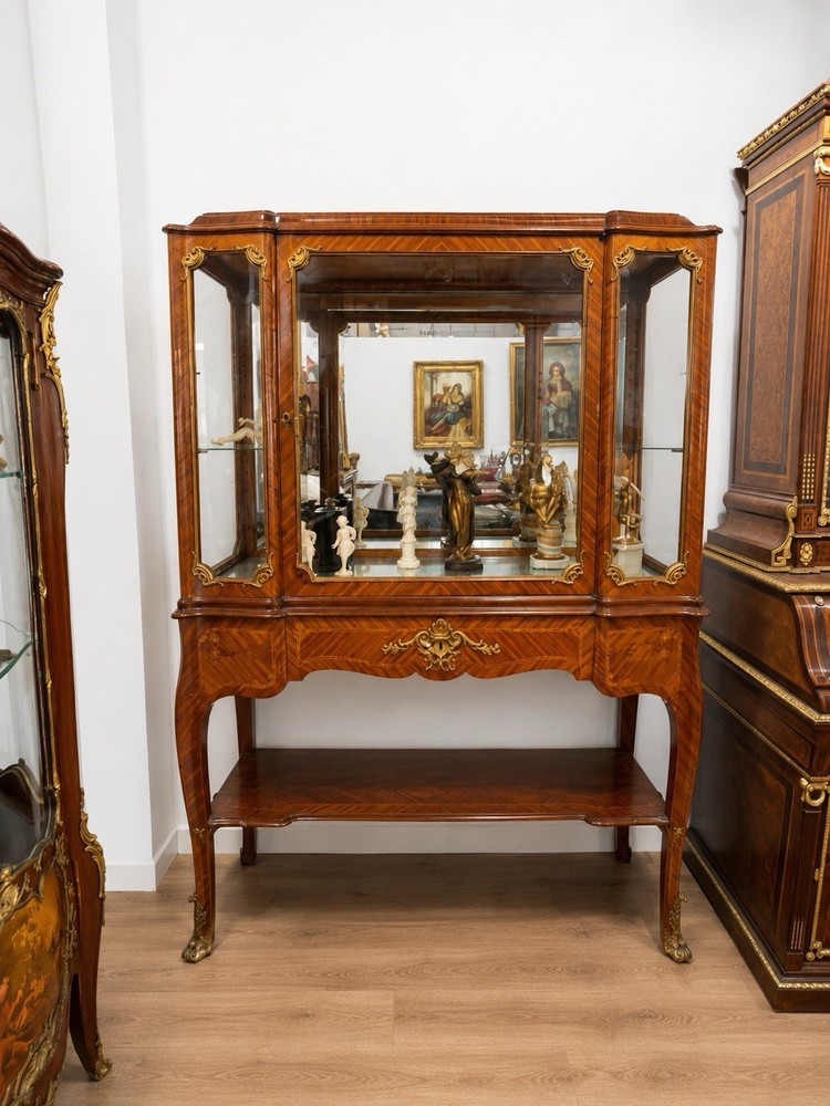 Antique French Louis XV Kingwood Vitrine Curio Display Cabinet Bronze Mounted
