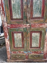 Handmade Rustic Antique Armoire Storage Cabinet Distressed Green Red Finish 70