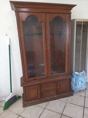 Brown Wood & Glass Freestanding GunCabinet w/ 2 Hinged Glass Front Doors, Knobs