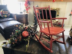 RARE VINTAGE FARM HOUSE ORIGINAL PUMPKIN ORANGE PAINT CHILD’S WOOD ROCKING CHAIR