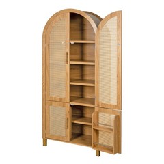 71″ Tall Arched Cabinet with Rattan Doors & Adjustable Shelves, Oak