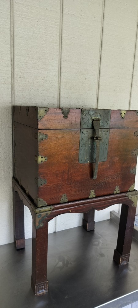 Vintage Korean Wedding Chest Bandaji Brass Hardware Wood Cabinet Stand