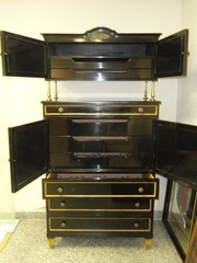 RARE CHIC 40’s GROSFELD HOUSE BLACK LACQUERED CABINET w/ CANE WORK & BRASS