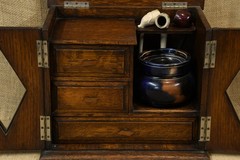 Antique Edwardian Tobacco Pipe Cabinet with Key and Ceramic Tobacco Pot