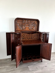 George Zee Mid Century Asian Hand Carved Teak Dry Bar Cabinet