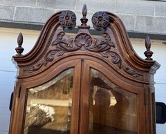 PAIR OF VICTORIAN OAK CHIPPENDALE BEVELED GLASS CORNER CHINA CABINETS