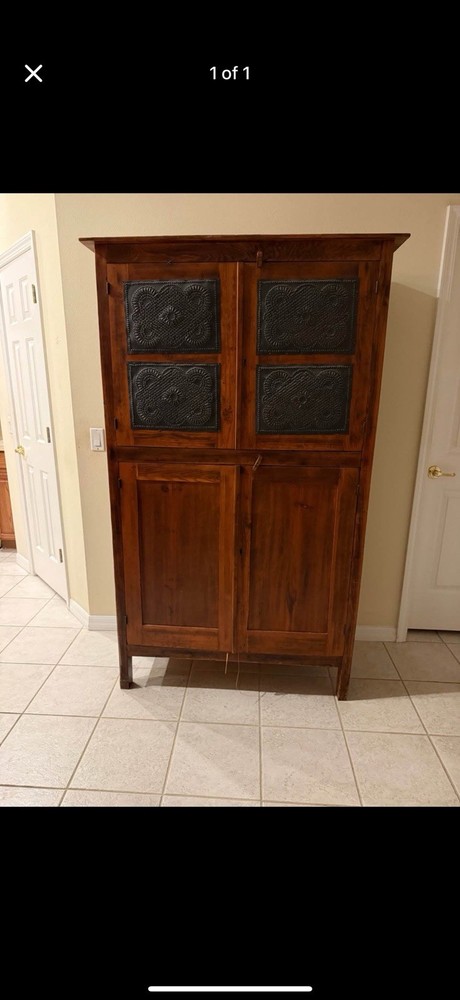 Antique Brown Wood Tin Pie Safe Cabinet with 4 Raised Panel Tin Doors