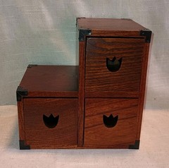 Vintage Lacquerware Oak 3 Drawer Lotus Flower Wooden Card/Jewelry File Cabinet