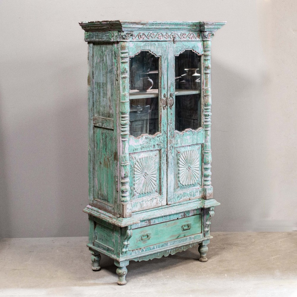 Vintage Indian 2 Door Carved & Painted Glass Front Cabinet