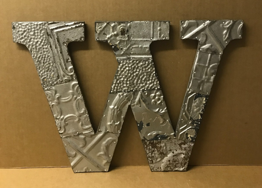 Decorative Salvaged Tin Ceiling 16″ Patchwork Shabby Silver Letter W Old 219-26B