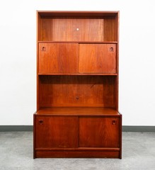 Mid Century Danish Modern Credenza Bookshelf Cabinet Teak Shelves Sliding Doors
