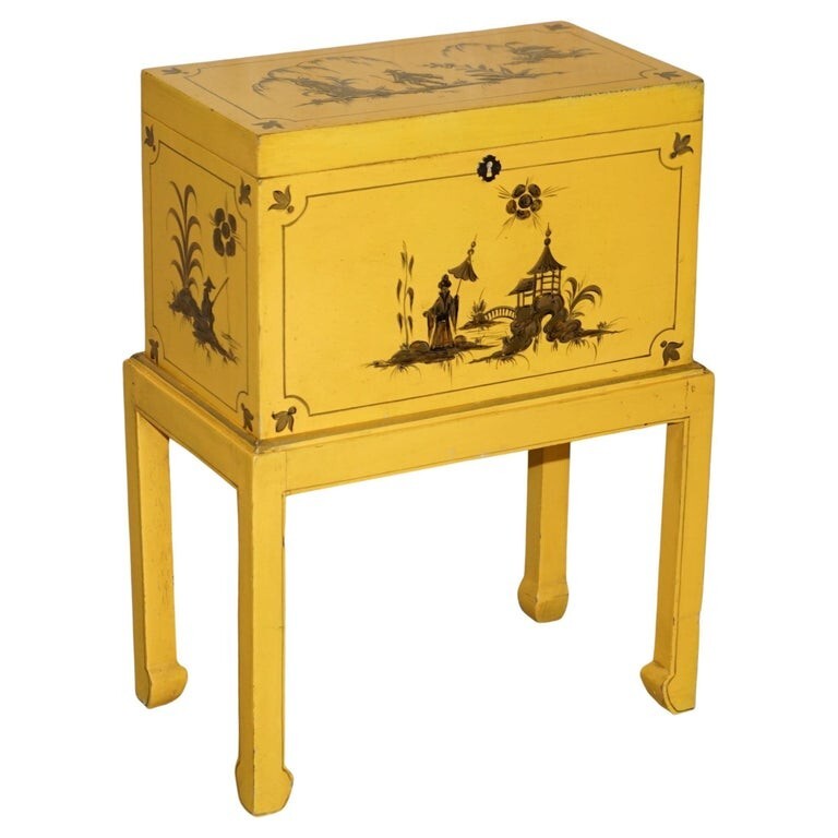 ANTIQUE JAPANNED YELLOW ORIENTAL SIDE CHEST ON STAND HAND PAINTED & LACQUERED