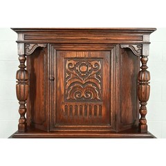 Berkey & Gay Style Antique English Jacobean Carved Oak Bar Cabinet, Circa 1920s