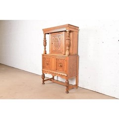 Antique English Jacobean Carved Oak and Burl Wood Bar Cabinet, Circa 1920s