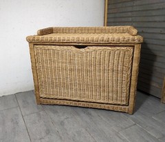 Vintage Boho Chic Coastal Wicker Rattan Drop Front Record Storage Cabinet Table