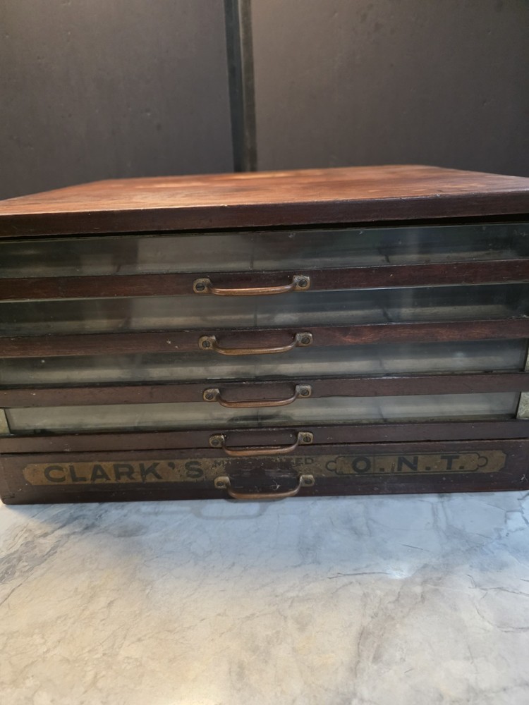Antique Clarks ONT 5 Drawer Spool Cabinet Wood Glass Front Sewing Display Chest