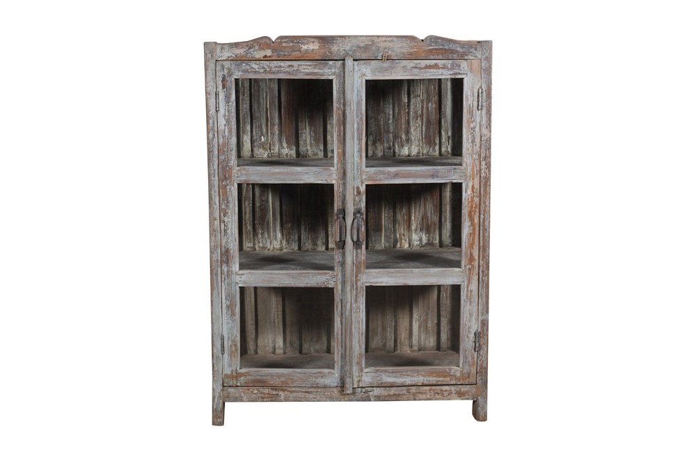 Antique Indian 1930s Teak Wood Painted Glass Almirah – Kitchen/Bathroom Cabinet