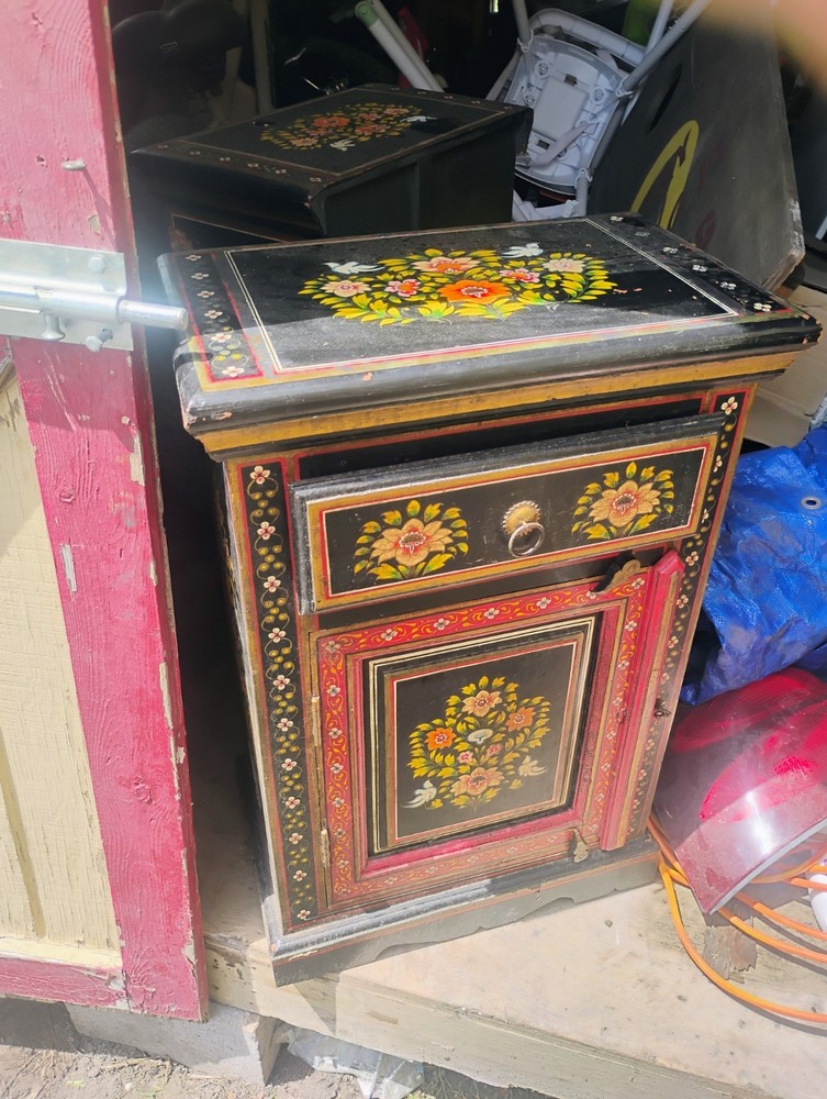 Antique Hand-Painted Floral Wood Cabinet w/ Drawer Door Shelf Black/Red 50x48x16