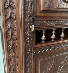 71″ Tall French Antique Breton Cabinet in Solid Chestnut Wood w/Carved Figures
