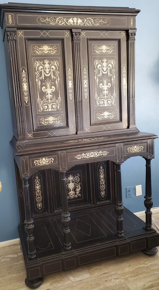 19th century Ebonized Inlaid Cabinet on stand Italian or French