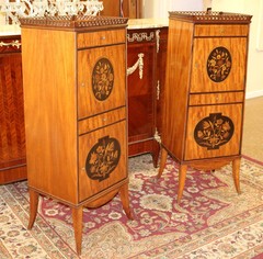 Superb Elaborately Inlaid Plum Pudding Mahogany Side Lingerie Tall Cabinets 1890