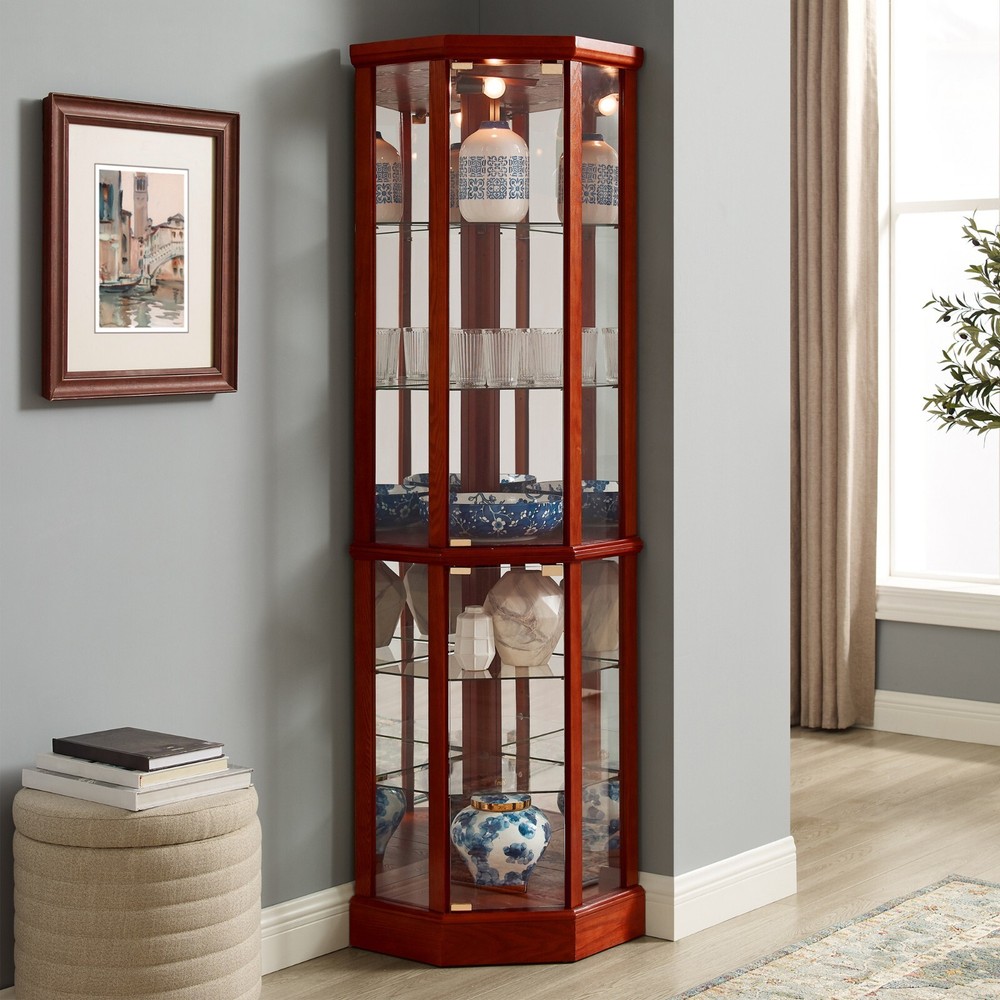 Classic 6 Tier Lighted Corner Curio Display Cabinet with Glass Doors Shelves