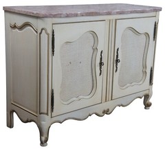 Mid Century French Provincial Serpentine Pink Marble Top Console Cabinet Rattan