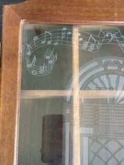 Vtg Wood Curio Cabinet Etched Musical Symbols & Juke Box Front Glass Wall Mount