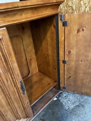 Antique Wooden Cabinet, Raised Panel Doors, Carvings, 48″ Tall, Two Doors